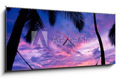 Obraz s hodinami 1D panorama - 120 x 50 cm F_AB37335757 - Beautiful Vacation Sunset, Hammock Silhouette with Palm Trees