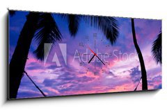 Obraz s hodinami   Beautiful Vacation Sunset, Hammock Silhouette with Palm Trees, 120 x 50 cm