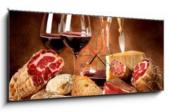 Obraz s hodinami 1D - 120 x 50 cm F_AB38393284 - Insaccati con formaggio e vino rosso