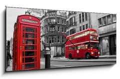 Obraz s hodinami 1D panorama - 120 x 50 cm F_AB38435488 - Cabine tlphonique et bus rouges   Londres (UK)