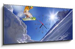 Obraz s hodinami 1D panorama - 120 x 50 cm F_AB38537605 - Snowboarder jumping against blue sky - Snowboarder skkat proti modr obloze