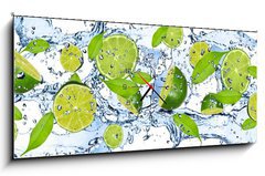 Obraz s hodinami 1D panorama - 120 x 50 cm F_AB38602855 - Fresh limes in water splash,isolated on white background - erstv limes ve vod stkajc, izolovanch na blm pozad