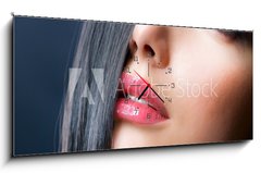Obraz s hodinami 1D panorama - 120 x 50 cm F_AB38827611 - Fashion Brunette. Beautiful Makeup and Healthy Black Hair