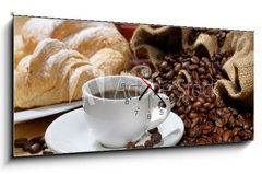 Obraz s hodinami 1D panorama - 120 x 50 cm F_AB39147231 - coffee cup with croissant