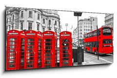 Obraz s hodinami   Red telephone boxes and double decker bus, london, UK., 120 x 50 cm