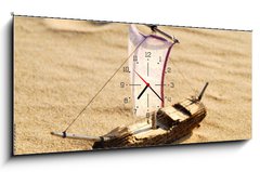 Obraz s hodinami 1D panorama - 120 x 50 cm F_AB39733382 - wooden sail ship toy model in the sea sand - dřevěná plachetnice model hračky v mořském písku