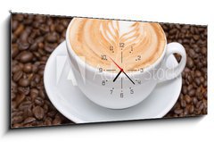 Obraz s hodinami   Coffee cup with coffee beans background, 120 x 50 cm