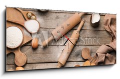 Obraz s hodinami 1D panorama - 120 x 50 cm F_AB405324068 - Ingredients for cookies and rolling pins on wooden background
