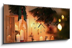 Obraz s hodinami 1D - 120 x 50 cm F_AB407641595 - Wooden decorative Christmas lantern and burning candles on table indoors - Devn dekorativn vnon lampa a hoc svky na stole v interiru