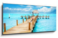 Obraz s hodinami 1D panorama - 120 x 50 cm F_AB40822521 - Vacation in Tropic Paradise. Jetty on Isla Mujeres, Mexico