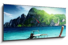 Obraz s hodinami 1D panorama - 120 x 50 cm F_AB41037599 - boat on Phi Phi island Thailand