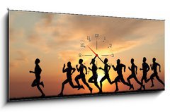 Obraz s hodinami 1D - 120 x 50 cm F_AB41044614 - Marathon, black silhouettes of runners on the sunset - Maraton, ern siluety bc na zpad slunce