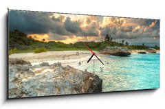 Obraz s hodinami   Caribbean beach in Mexico at sunset, 120 x 50 cm