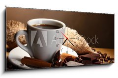 Obraz s hodinami   coffee cup and beans, cinnamon sticks, nuts and chocolate, 120 x 50 cm