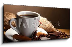 Obraz s hodinami 1D panorama - 120 x 50 cm F_AB41590133 - coffee cup and beans, cinnamon sticks, nuts and chocolate