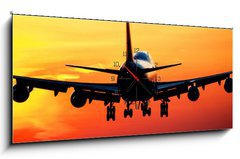 Obraz s hodinami   Plane landing by sunrise, 120 x 50 cm