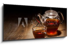 Obraz s hodinami 1D panorama - 120 x 50 cm F_AB42063091 - Tea Set on a Wooden Table