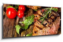 Obraz s hodinami 1D panorama - 120 x 50 cm F_AB42261882 - Grilled beef steak - Grilovaný hovězí steak