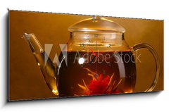Obraz s hodinami 1D panorama - 120 x 50 cm F_AB42285259 - glass teapot and cup with exotic green tea