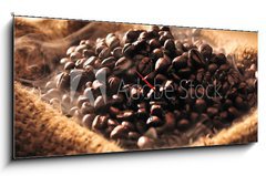 Obraz s hodinami 1D panorama - 120 x 50 cm F_AB42302963 - Coffee beans with smoke in burlap sack