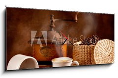 Obraz s hodinami 1D panorama - 120 x 50 cm F_AB42479858 - Caff tostato e macinato con cappuccino caldo - Caff? tostato e macinato con cappuccino caldo