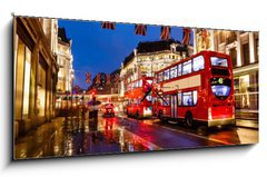 Obraz s hodinami 1D panorama - 120 x 50 cm F_AB42491126 - Red Bus on the Rainy Street of London in the Night, United Kingd