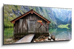 Obraz s hodinami 1D panorama - 120 x 50 cm F_AB42625977 - log cabin in Obersee,koenigssee, Berchtesgaden