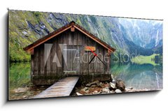 Obraz s hodinami 1D panorama - 120 x 50 cm F_AB42625977 - log cabin in Obersee,koenigssee, Berchtesgaden - srubu v obersee, koenigssee, berchtesgaden