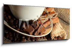 Obraz s hodinami 1D panorama - 120 x 50 cm F_AB42677885 - cup of coffee and beans, cinnamon sticks and chocolate