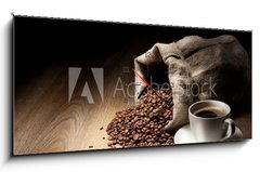 Obraz s hodinami   Coffee cup with burlap sack of roasted beans on rustic table, 120 x 50 cm