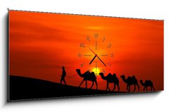 Obraz s hodinami 1D panorama - 120 x 50 cm F_AB42832651 - camel caravan sillhouette with sunset - camel caravan sillhouette se západem slunce
