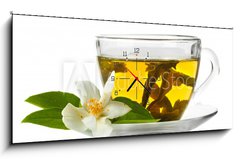 Obraz s hodinami 1D panorama - 120 x 50 cm F_AB42891884 - cup of green tea with jasmine flowers isolated on white