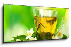 Obraz s hodinami   cup of green tea with jasmine flowers, 120 x 50 cm