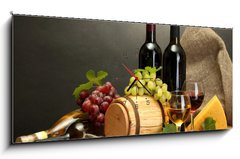 Obraz s hodinami 1D panorama - 120 x 50 cm F_AB42933709 - barrel, bottles and glasses of wine, cheese and ripe grapes - barel, lahve a sklenice vína, sýrů a zralých hroznů