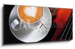 Obraz s hodinami 1D panorama - 120 x 50 cm F_AB42963214 - Latte art and violin on wooden table