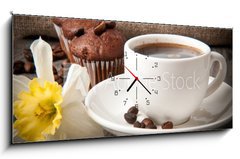 Obraz s hodinami 1D panorama - 120 x 50 cm F_AB43406270 - cup of coffee and chocolate cake 