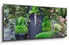 Obraz s hodinami 1D panorama - 120 x 50 cm F_AB43504647 - Small charming garden gate. - Malá okouzlující zahradní brána.