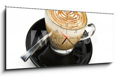 Obraz s hodinami 1D panorama - 120 x 50 cm F_AB43529301 - cup of cappuccino with artistic cream decoration - lek cappuccina s umleckou krmovou vzdobou