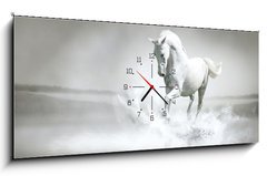 Obraz s hodinami 1D - 120 x 50 cm F_AB44040203 - White horse running through water