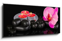Obraz s hodinami 1D - 120 x 50 cm F_AB44325294 - Spa stones with orchid flower and candles isolated on black - Lázeňské kameny s orchidejovou květinou a svíčky izolované na černém