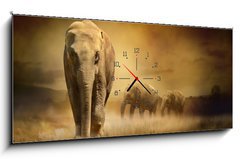 Obraz s hodinami   Elephants at sunset, 120 x 50 cm