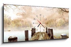 Obraz s hodinami 1D panorama - 120 x 50 cm F_AB44518393 - Jesienna sceneria z drewnianym molo na jeziorze