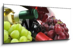 Obraz s hodinami 1D panorama - 120 x 50 cm F_AB4460273 - bottles of wine with grapes - láhve vína s hrozny