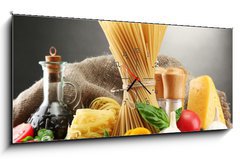 Obraz s hodinami 1D panorama - 120 x 50 cm F_AB44669251 - Pasta spaghetti, vegetables and spices, - Těstoviny špagety, zelenina a koření,