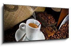 Obraz s hodinami 1D panorama - 120 x 50 cm F_AB45158931 - Coffee smoking on the coffee beans background - Káva kouření na pozadí kávových zrn