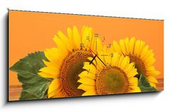 Obraz s hodinami 1D panorama - 120 x 50 cm F_AB45286200 - sunflowers on yellow background - slunečnice na žlutém pozadí