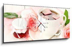 Obraz s hodinami   cup of tea with roses and jam on white wooden table, 120 x 50 cm