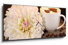 Obraz s hodinami   Latte on wooden table on brown background, 120 x 50 cm