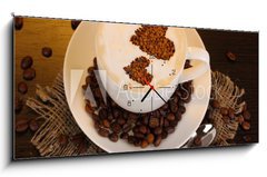 Obraz s hodinami   Latte on wooden table on brown background, 120 x 50 cm