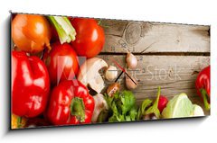 Obraz s hodinami 1D panorama - 120 x 50 cm F_AB45549352 - Healthy Organic Vegetables on the Wooden Background